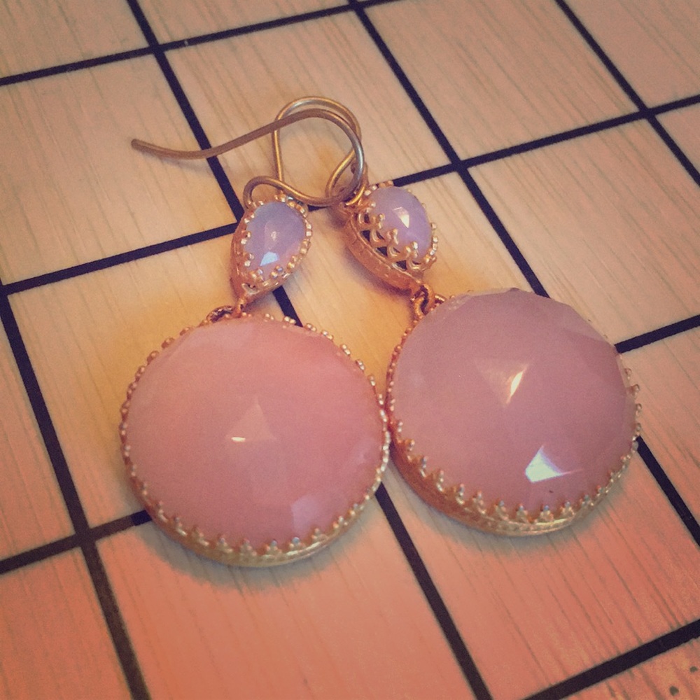 Rose quartz and gold plated brass drop earrings